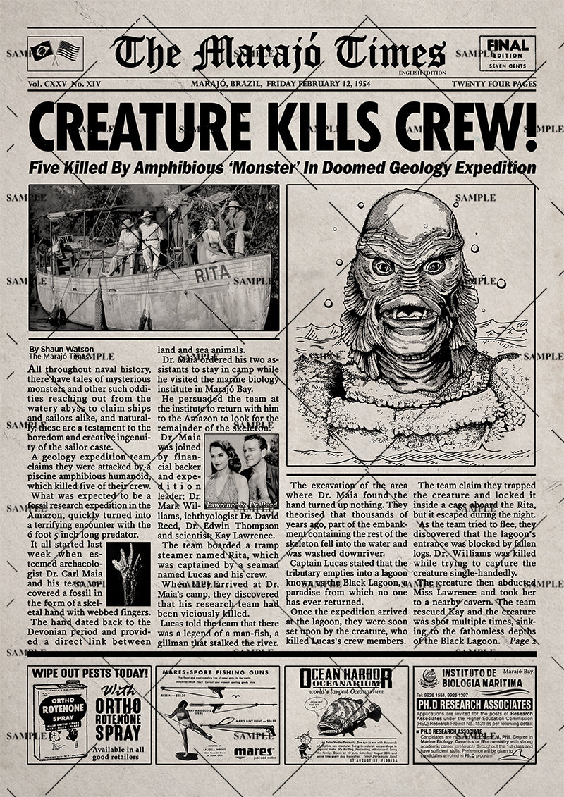 Creature from the Black Lagoon Movie Newspaper Poster print