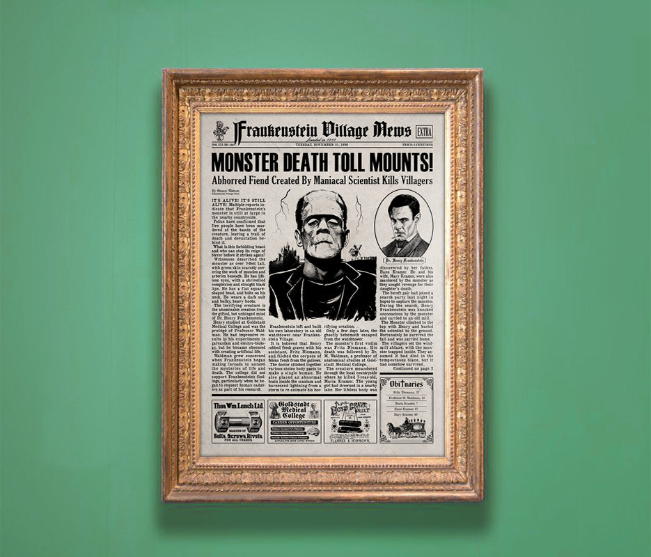 Frankenstein Newspaper Poster print