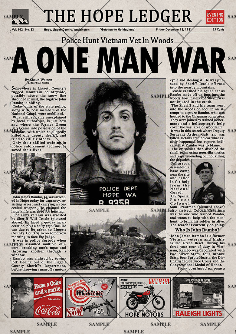 First Blood Rambo Newspaper Poster Print