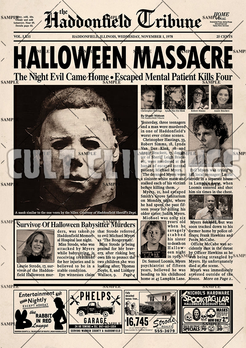 Halloween Haddonfield Tribune Newspaper Poster print CultClippings