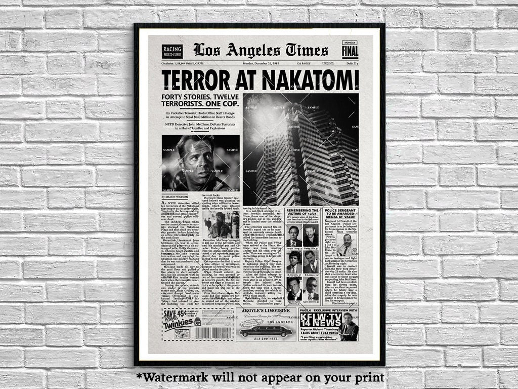 Die Hard 1988 L.A Times Newspaper print John McClane Bruce Willis
