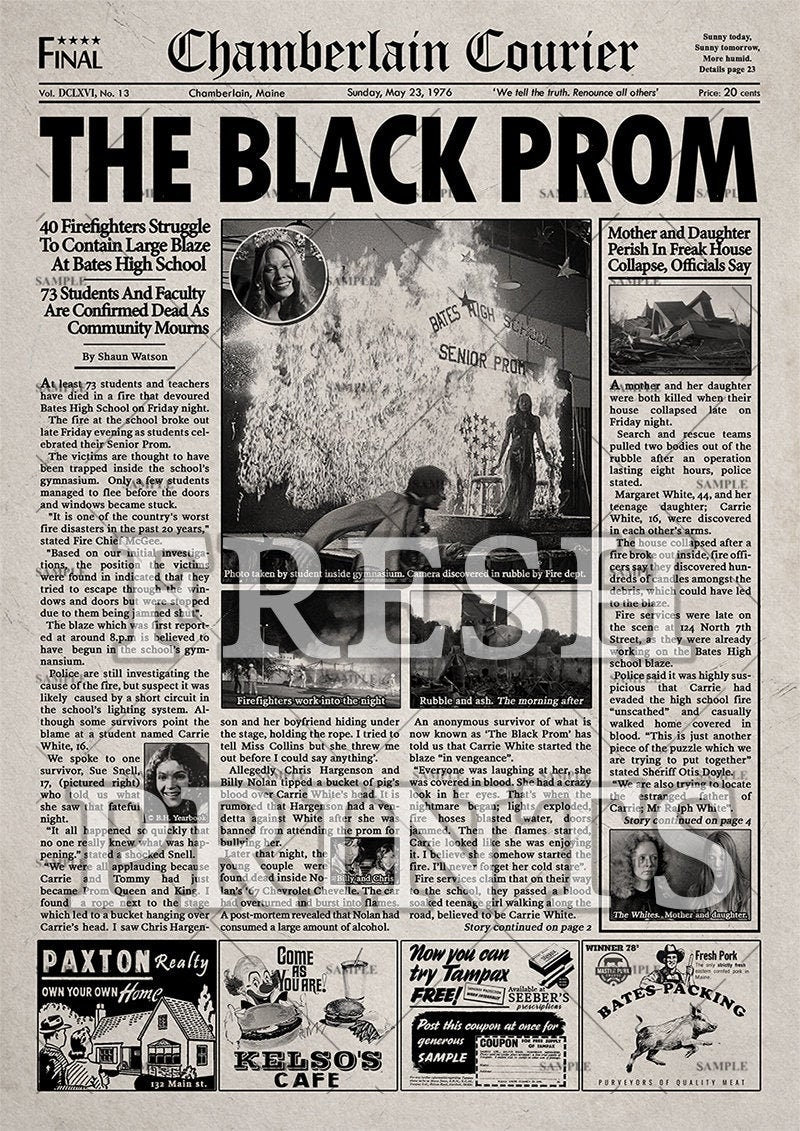 Carrie 1976 Movie Newspaper Poster Print Stephen King