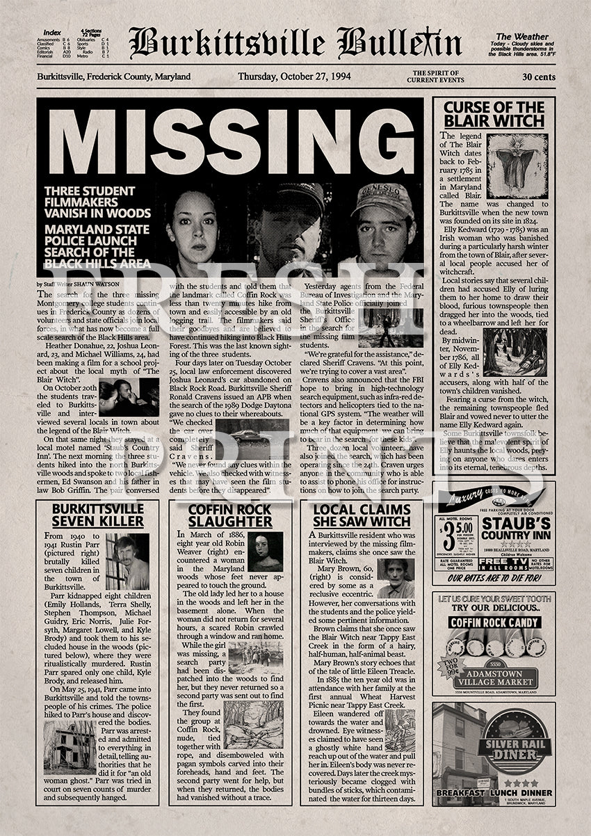 The Blair Witch Project Newspaper print