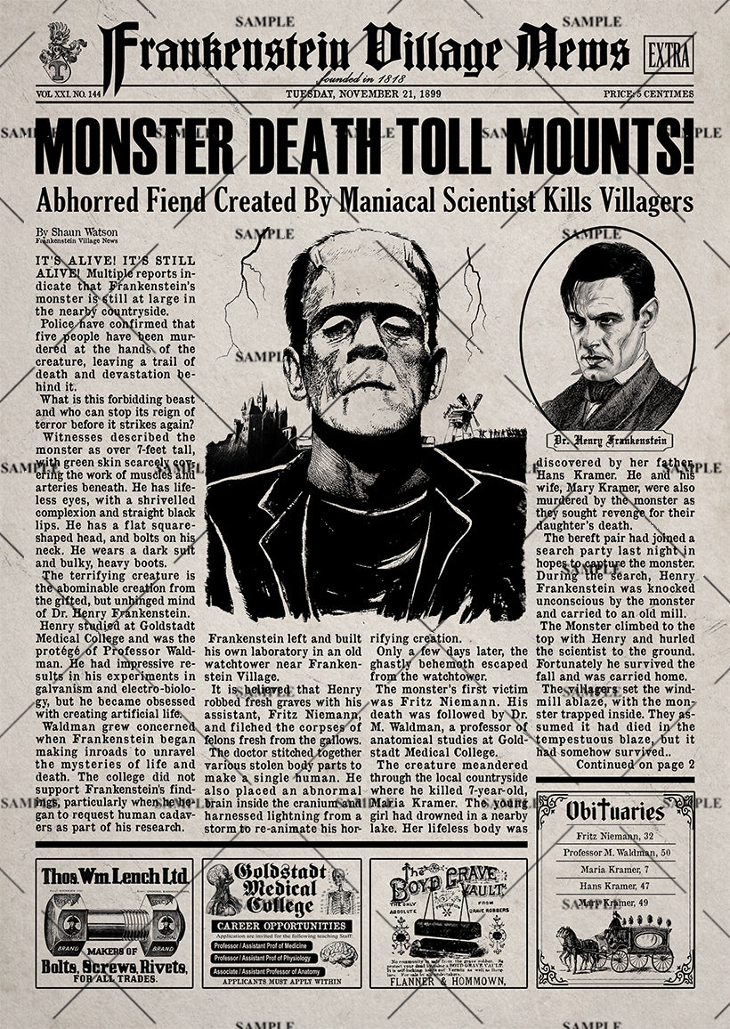 Frankenstein Newspaper Poster print