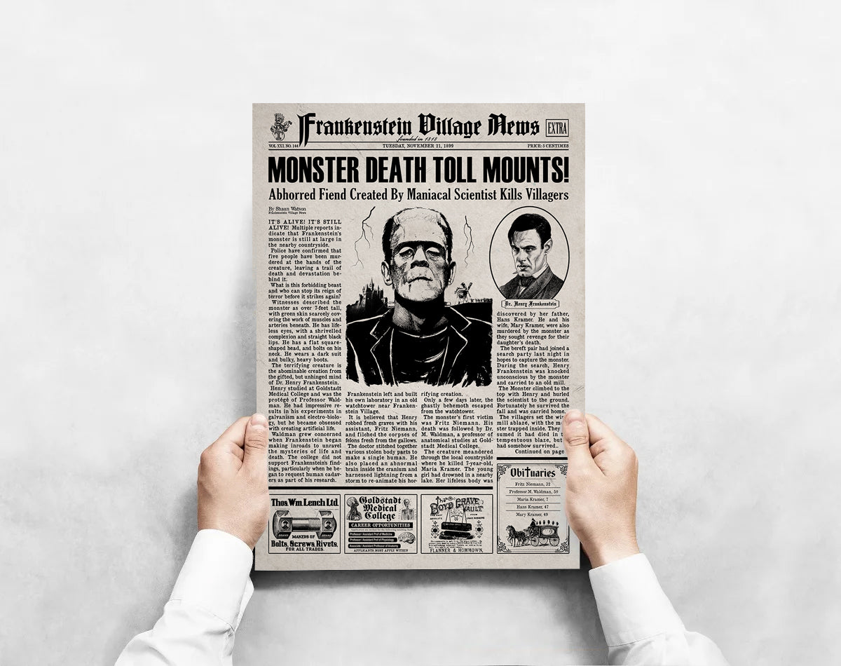 Frankenstein Newspaper Poster print