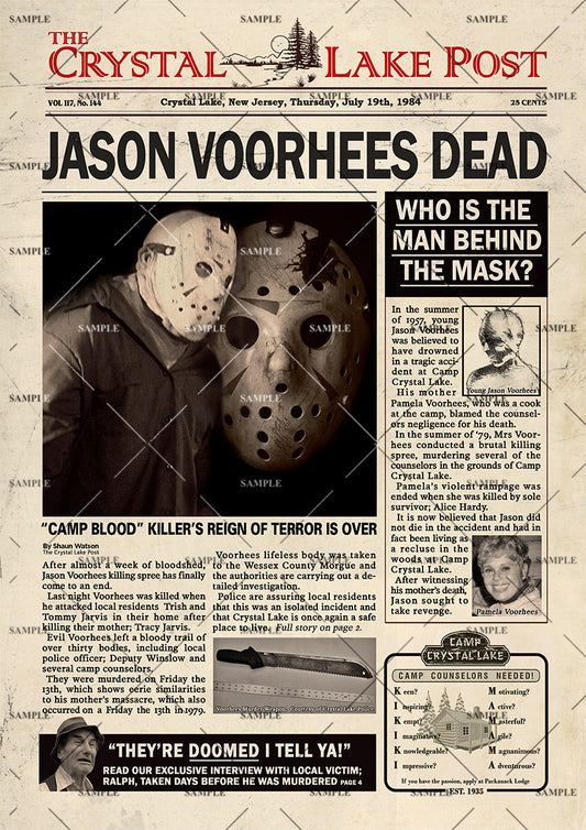 FRIDAY 13TH Jason Voorhees Newspaper poster print