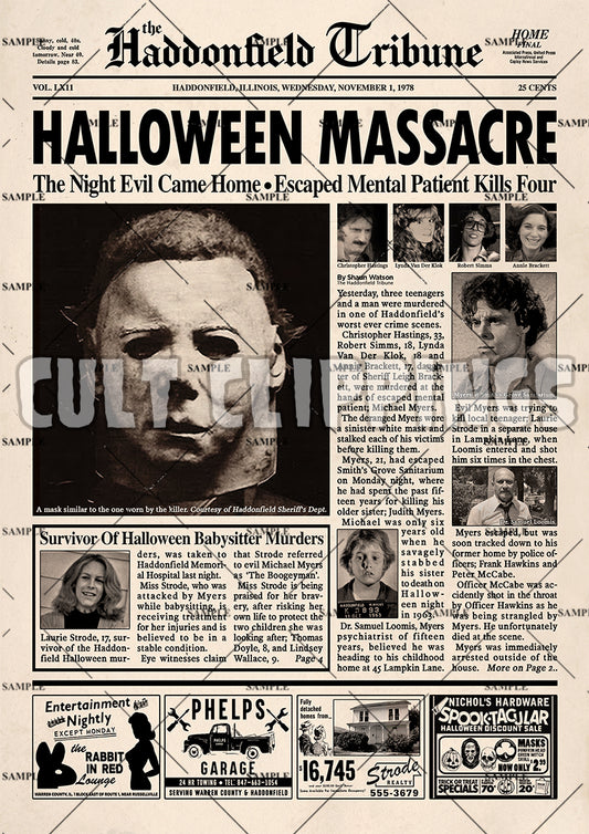 Halloween Haddonfield Tribune Newspaper Poster print
