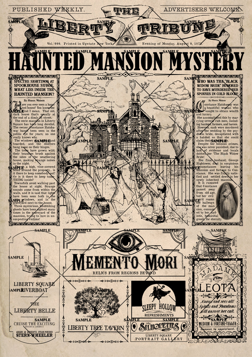 The Haunted Mansion Newspaper print Disneyworld Florida Magic Kingdom Liberty Square