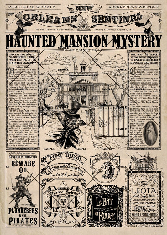 The Haunted Mansion Newspaper print Disneyland California New Orleans Square
