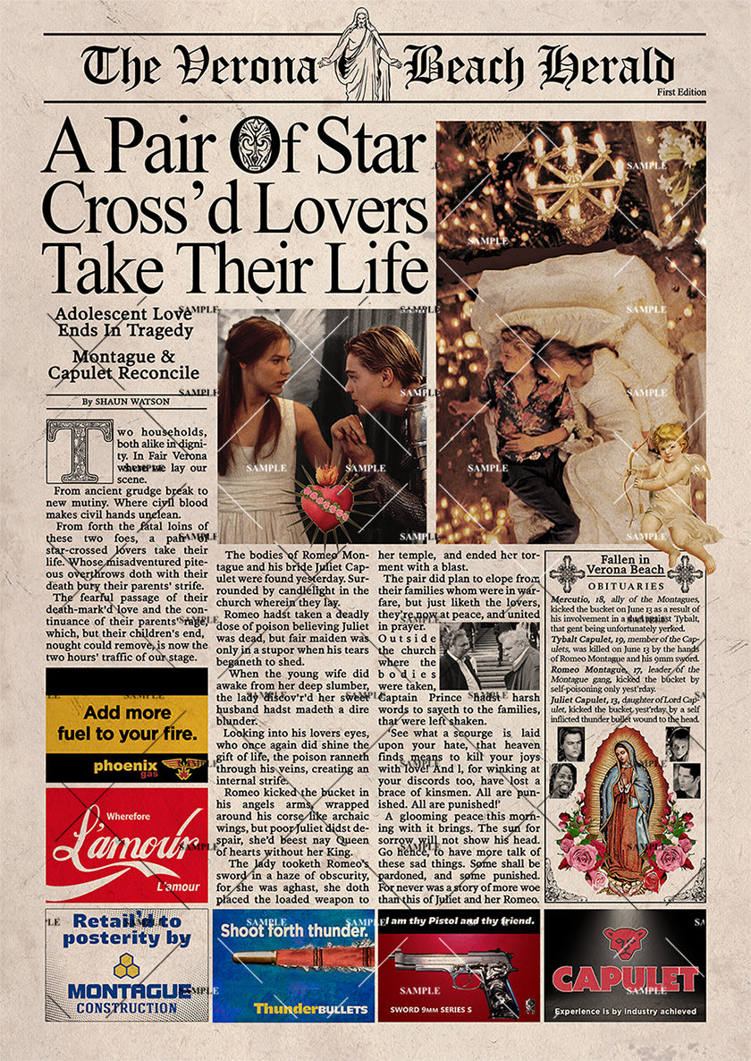 Romeo and Juliet Newspaper Poster print