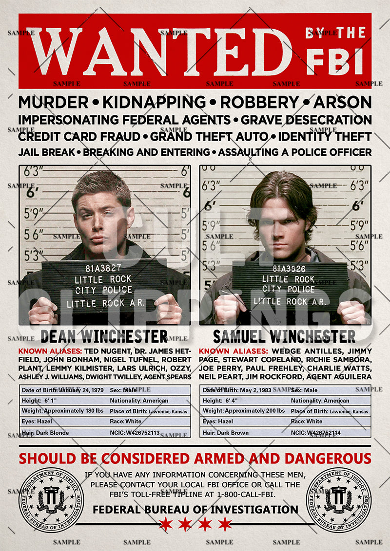 Supernatural Winchester Brothers FBI Wanted Poster Print