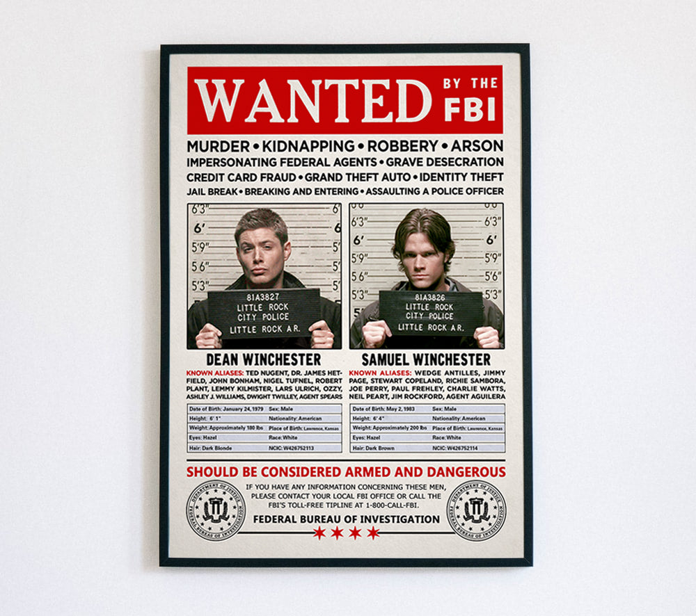 Supernatural Winchester Brothers FBI Wanted Poster Print